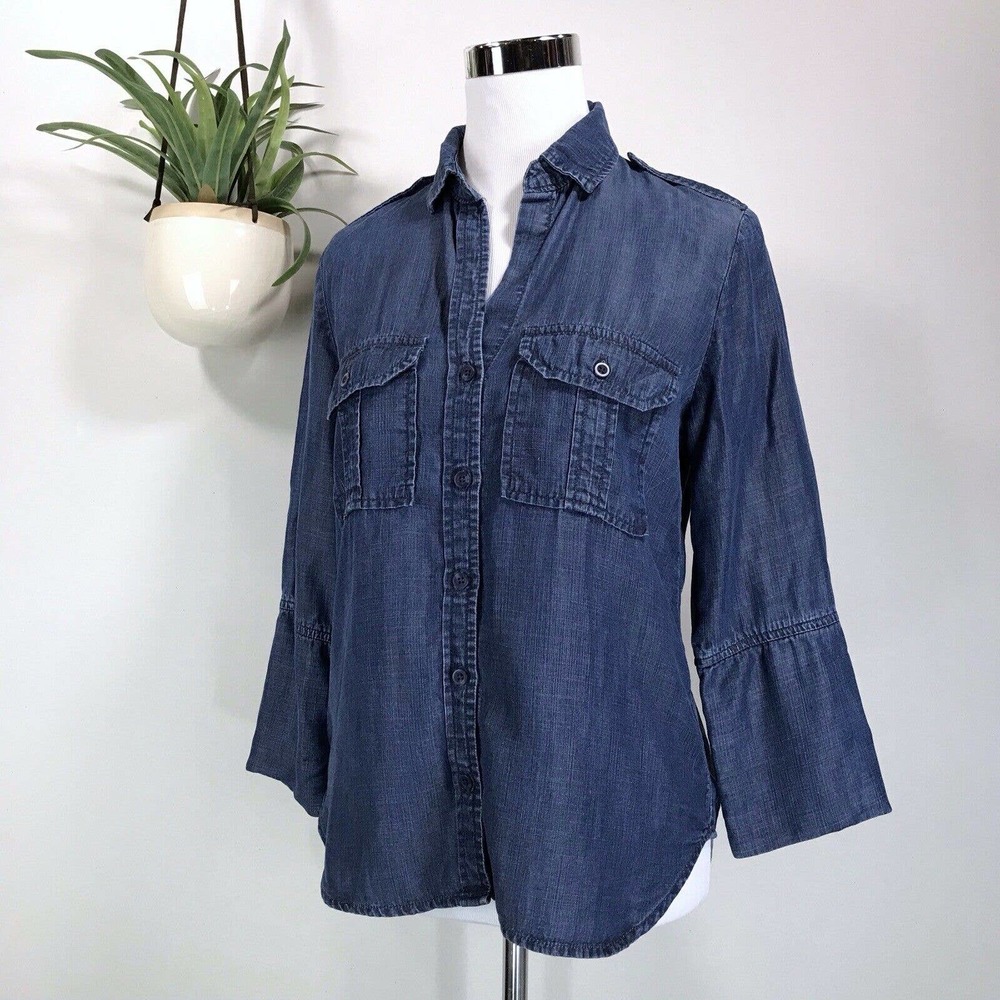 Bella Dahl Blue Tencel Chambray Button Front Top 3/4 Sleeve Shirt Size XS